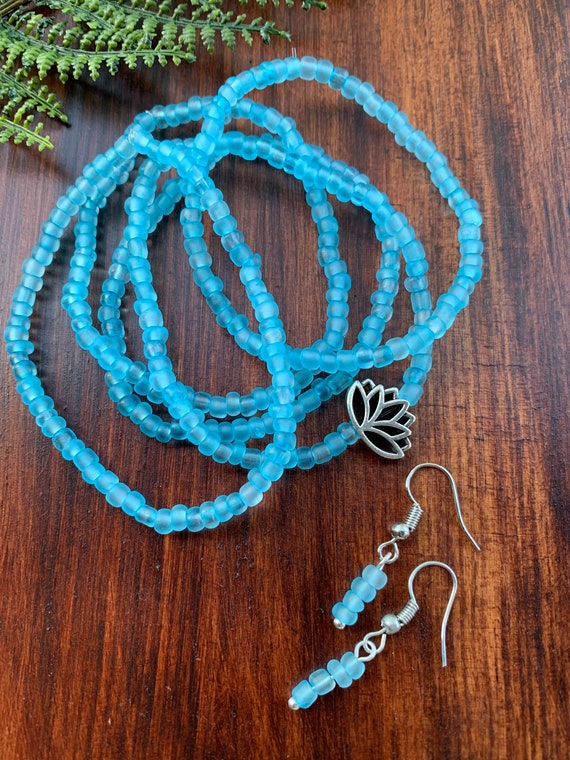 Lotus Flower Bracelet Set / Sea Blue Glass Beads