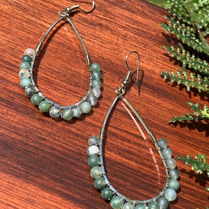 Moss Agate Wire Wrapped Pear Shaped Earrings