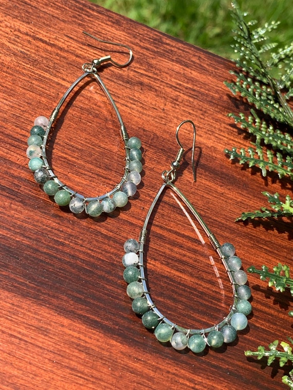 Moss Agate Wire Wrapped Pear Shaped Earrings