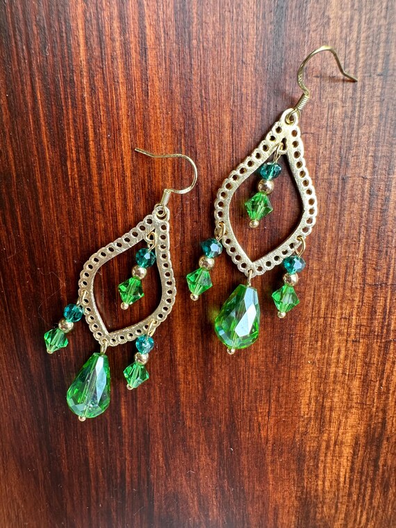 Crystal Dangling Drop Earrings Aqua and Green