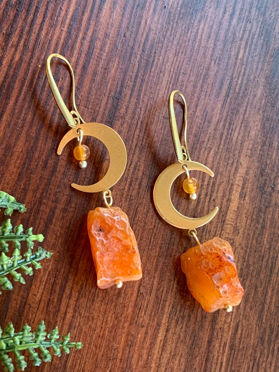 Natural Gemstone Earrings Rough Carnelian Jewelry Crecent Moon Earrings Gift for Mineral Lovers Gift for Gemstone Lovers
