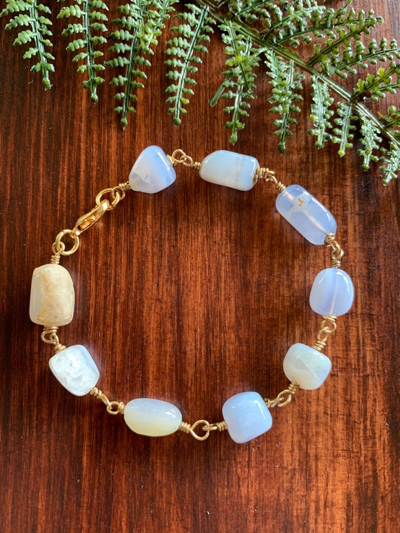 Blue Lace Agate Gold Wire Wrapped Bracelet