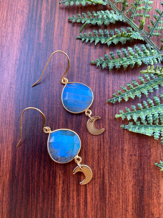 Faceted Labradorite Crescent Moon Dangle Earrings