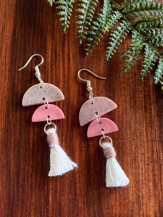 Semi Circle Dangle Clay Earring with Small Tassel