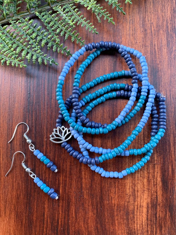 Lotus Flower Beaded Bracelet Set / Mixed Blue Glass Beads