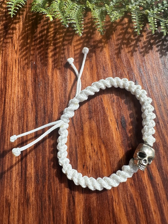 Silver Skull Charm Handwoven Bracelet / White