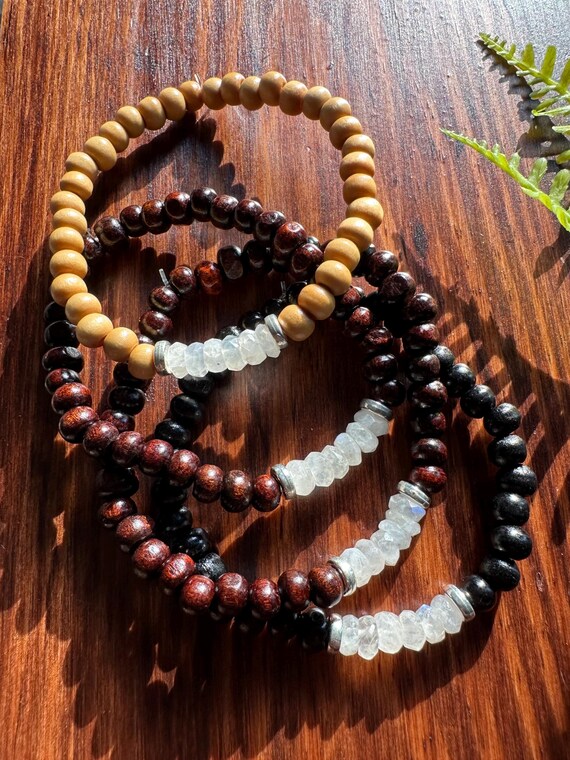 High Grade Rainbow Moonstone  and Wood Bracelets