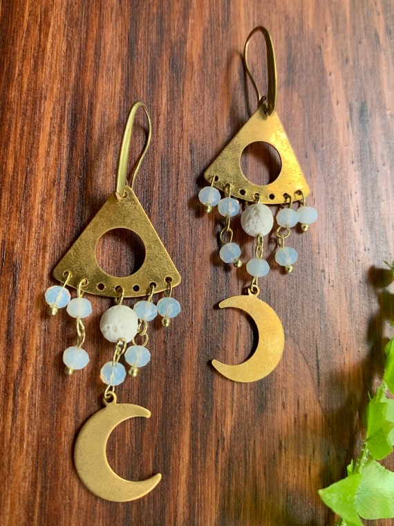 Brass Dangle Moon, Opalite, and White Lava Stone Earrings