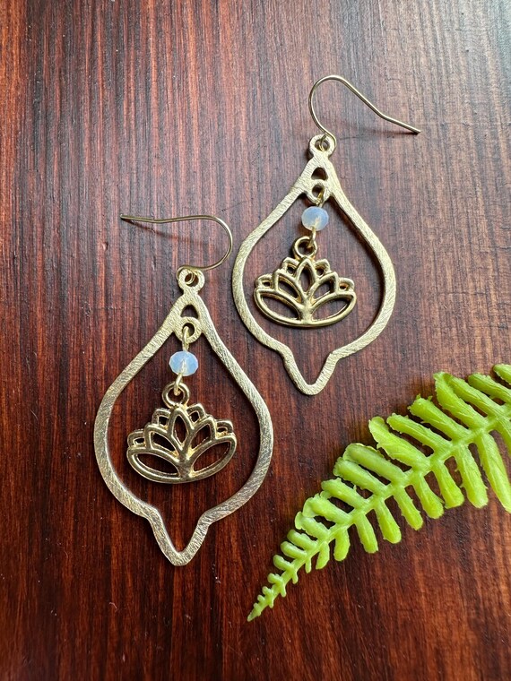 Gold Lotus Flower and Opalite Earrings