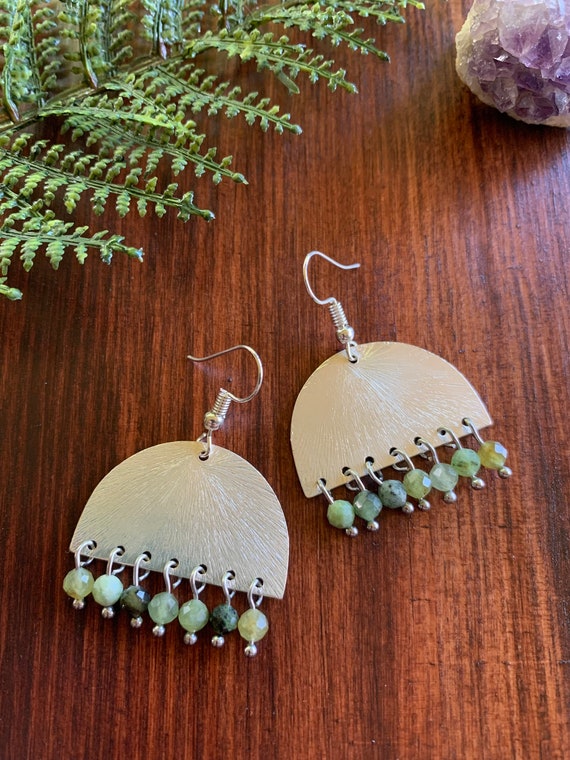 Faceted Russian Green Jade Semi Circle Earrings