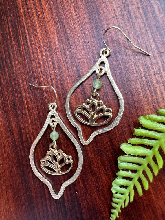 Gold Lotus Flower and Russian Green Jade Earrings