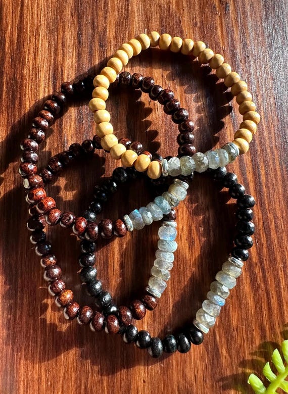 High Grade Labradorite and Wood Bracelets