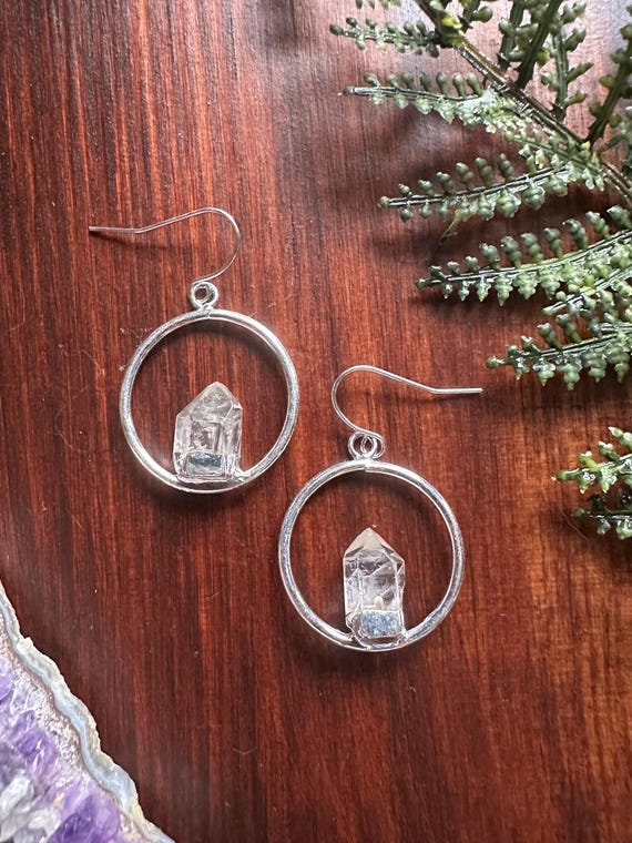 Round Silver Quartz Point Earrings