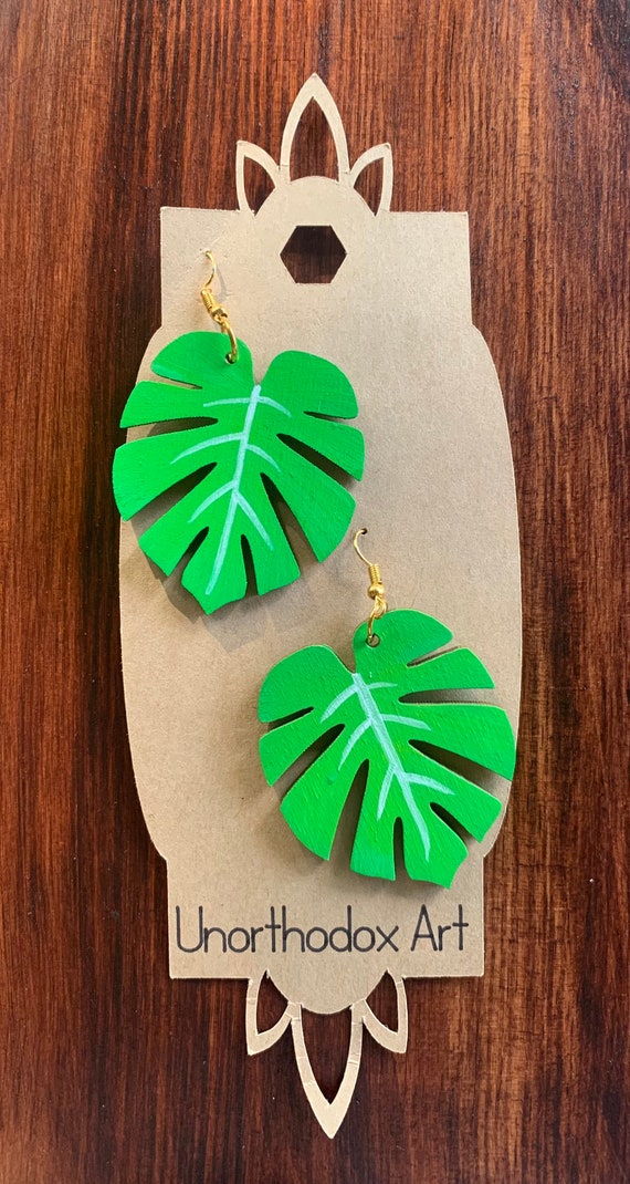 Painted Wooden Monstera Leaf Earrings