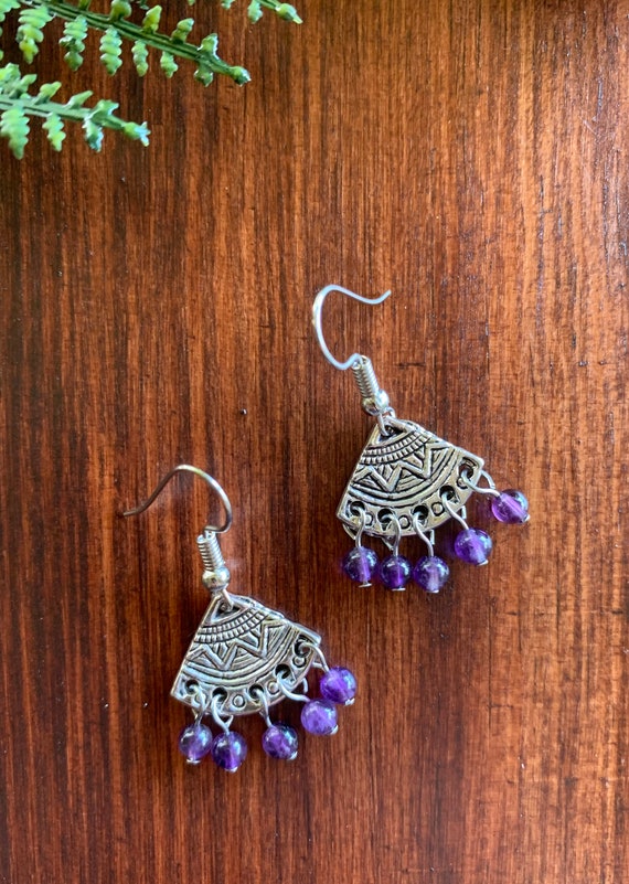 High Grade Amethyst Aztec Earrings / Limited / Dark