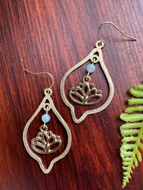 Gold Lotus Flower and Amazonite Earrings