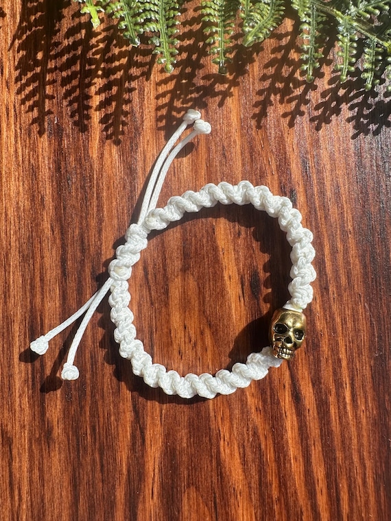 Gold Skull Charm Handwoven Bracelet / White