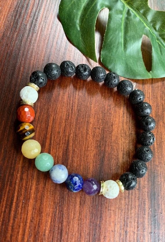 Chakra Faceted Black Lava Stone Bracelet