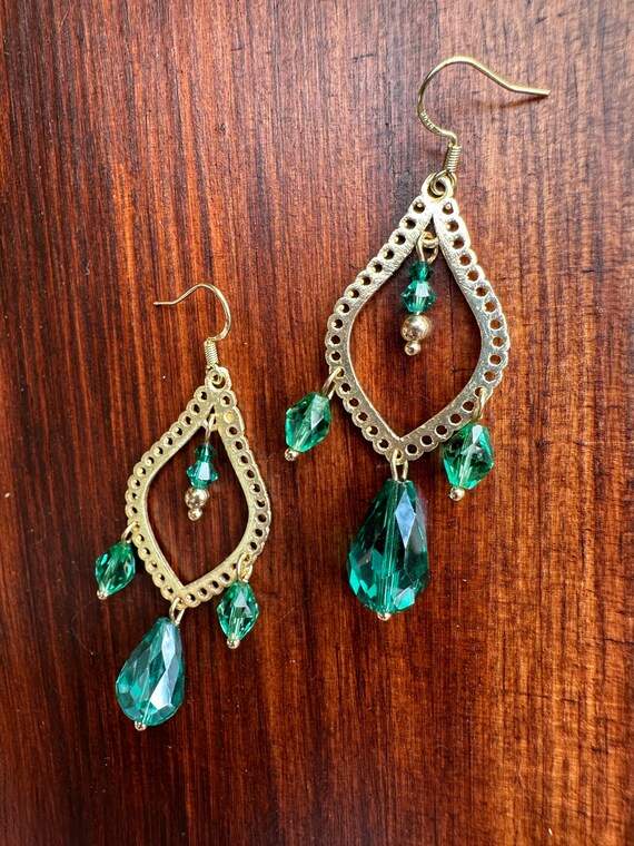 Crystal Dangling Drop Earrings Green and Blue