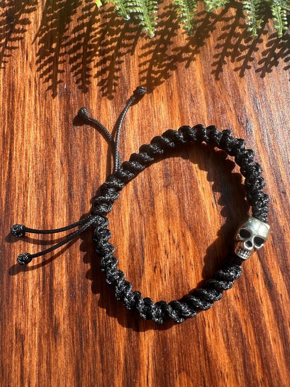 Silver Skull Charm Handwoven Bracelet / Black