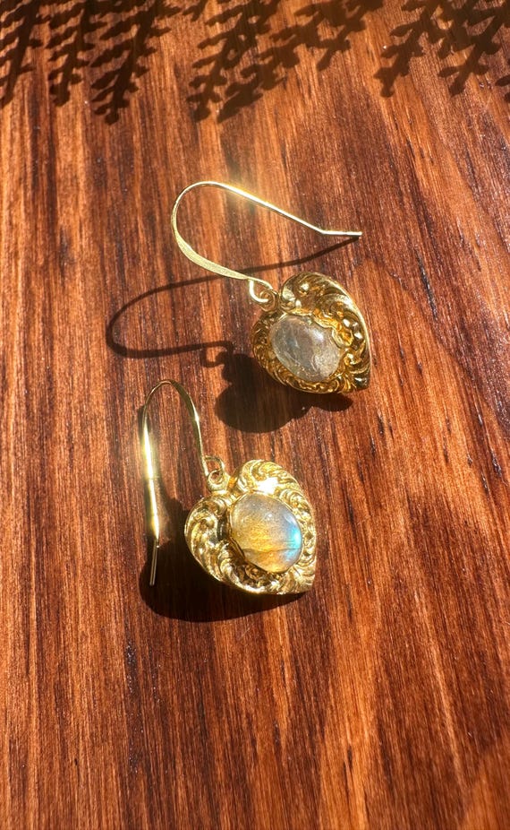 Gold Heart Earrings with Labradorite