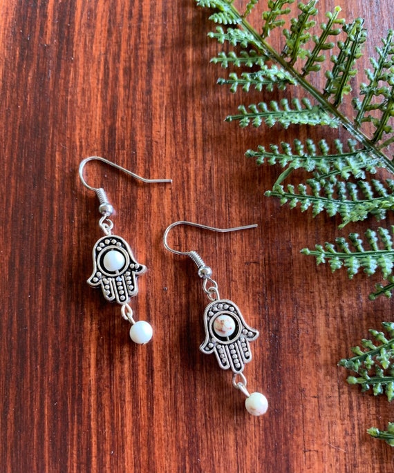 White Howlite Hamsa Earrings