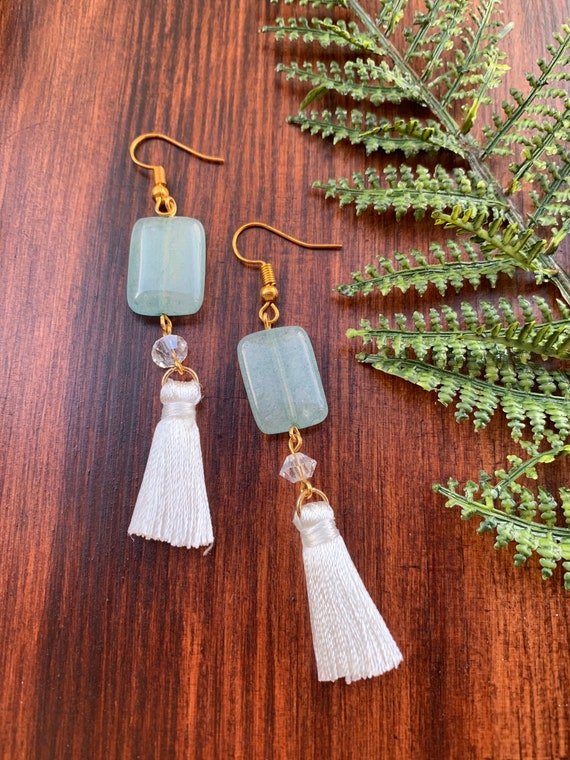 Green Aventurine and White Tassel Earrings