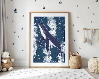 Teal Humpback Whale Art Print: Abstract Ocean Wall Decor
