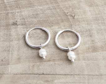 Tiny Pearl Hoop Earrings | Sterling Silver Hoops |  Minimalist Cartilage Hoops | Dangling Pearl Hoop Earrings | Fresh Water Pearl Earrings