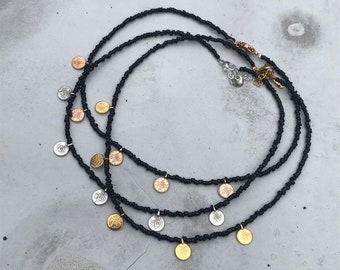 Coin Choker: Black Seed Bead Necklace with Small Coin Pendants