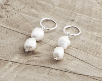 Pearl Hoop Earrings | Sterling Silver Hoops | Tiny Minimalist Cartilage Hoops | Dangling Pearl Hoop Earrings | Fresh Water Pearl Earrings