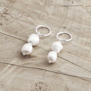Pearl Hoop Earrings | Sterling Silver Hoops | Tiny Minimalist Cartilage Hoops | Dangling Pearl Hoop Earrings | Fresh Water Pearl Earrings
