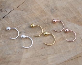 Hug Hoops | Minimalist Sterling Silver Hug Earrings | Gold Ball Hoops | Big Ball End Hoop Earrings | 18K Gold Hugger | Dot Open Hoop