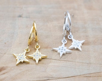 Star Hoops | Zircon Polaris Hoop Earrings | Polaris Hoops | Shiny Star Hoop Earrings | Gold Star Hoops | Zirconia Star Hoops | Polar Hoops