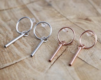 Dangle Tube Circle Studs | Open Circle Studs | Bar Sterling Silver 925 Studs | Hoop Studs | Silver 925 Earrings | Tube Bar Stud Earrings