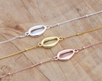 Cowry Shell Bracelet | Sterling Silver Sea Shell Bracelet | Bead Chain Bracelet | Rose Gold Cowrie Shell Satellite Bracelet | Shell Bracelet