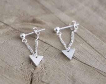 Triangle Chain Ball Studs | Dangle Chain Earrings | Sterling Silver Triangle Thread Earring | Ball Chain Studs | Dangle Triangle Ball Studs