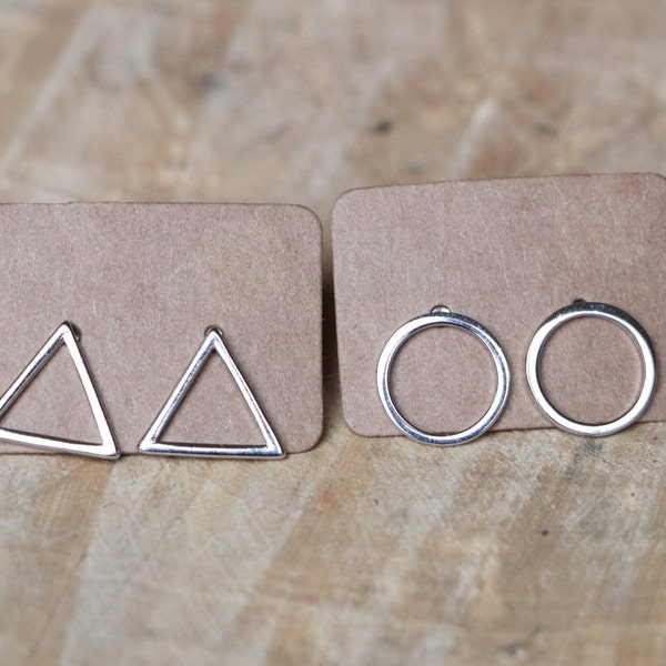 Open Circle Studs | Open Triangle Studs | Rose Gold Sterling Silver 925 Studs | Geometric Studs | Silver 925 Earrings | Circle Stud Earrings