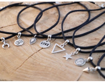 Choker Necklace | Suede Leather Choker | Coin Charm Necklace | Silver Triangle Choker | Star Choker | Love Star Pendant | Faux Suede Choker