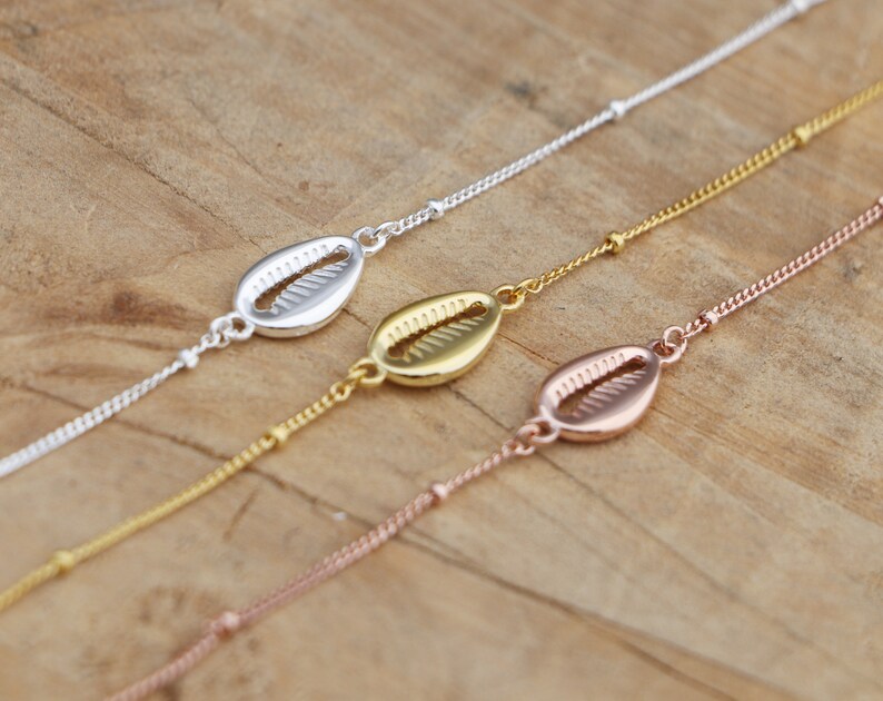 Rose Gold Cowrie Shell Satellite Bracelet Sterling Silver Sea Shell Bracelet Cowry Shell Bracelet Bead Chain Bracelet Shell Bracelet