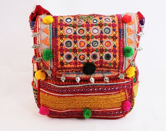 Weinlese Banjara Umhängetasche | Ethnische indischen Tasche | Bestickte Tasche Spiegel & antike Münzen | Ibiza-Tasche | Pom-Pom-Tasche | Stammes-Hobo Bag