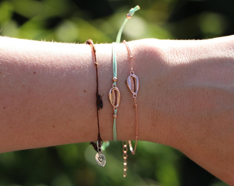 Rose Gold Cowrie Shell Satellite Bracelet Sterling Silver Sea Shell Bracelet Cowry Shell Bracelet Bead Chain Bracelet Shell Bracelet