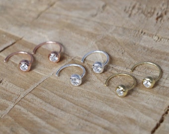 Sterling Silver Hug Hoops | Tiny Minimalist Hug Earrings | Shiny Hug Hoops | Stone End Hoop Earrings | Silver 925 Hugger Ring | Open Hoops