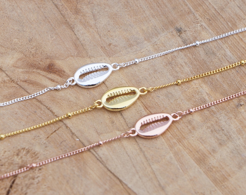 Rose Gold Cowrie Shell Satellite Bracelet Sterling Silver Sea Shell Bracelet Cowry Shell Bracelet Bead Chain Bracelet Shell Bracelet