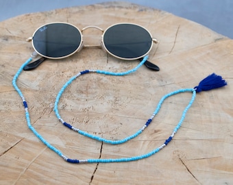 Beaded Sunglass Strap: Blue Seed Bead Eyeglass Chain with Tassel