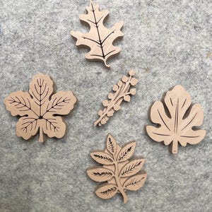 May include: A collection of five light brown wooden cutouts shaped like various leaves and a small branch. Each piece features detailed engraved veins and outlines, showcasing distinct botanical forms including oak, maple, and pinnate leaf shapes.