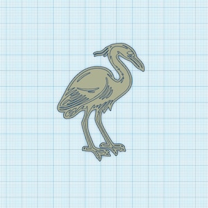 May include: A stylized illustration of a heron in a light olive green color with dark blue outlines. The bird is depicted in profile, with detailed feather and leg features. The background is a light blue grid.