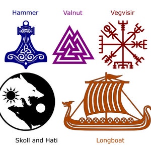 May include: A collection of Viking-themed illustrations. Includes a blue hammer, a purple and white Valknut symbol, a red Vegvisir compass, a black and white Skoll and Hati design, and a brown longboat. Text labels identify each symbol.