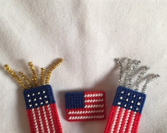 Patriotic Magnets - Handmade Plastic Canvas - American Flag - Firecrackers - 4th of July - Memorial Day