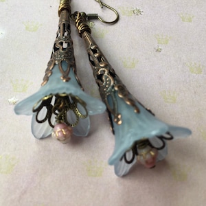 Blue Lucite Flower Earrings, Long Stem Flower Earrings, Filigree Cone Earrings, Wedding Earrings, Bridesmaid Jewelry